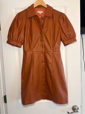 Joie | “Fidal” Cognac Brown Genuine Leather Puff-Sleeve Button Front Mini Dress